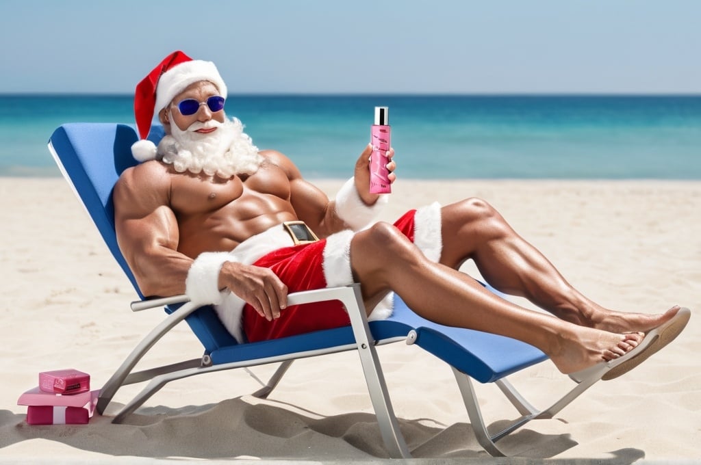 Prompt: Summertime patriotic muscular and tanned Santa Claus sitting in a lounge chair on beach with Mary Kay eye and lip products on a nearby table