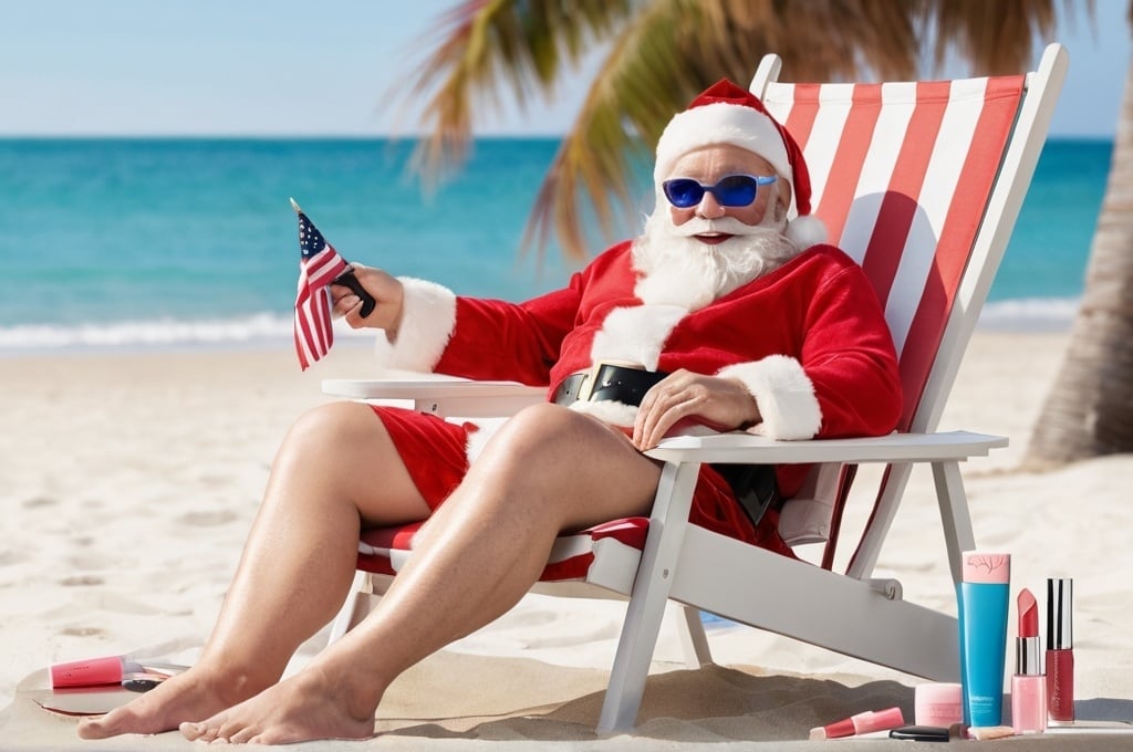 Prompt: Summertime patriotic Santa Claus sitting in a lounge chair on beach with Mary Kay eye and lip products on a nearby table