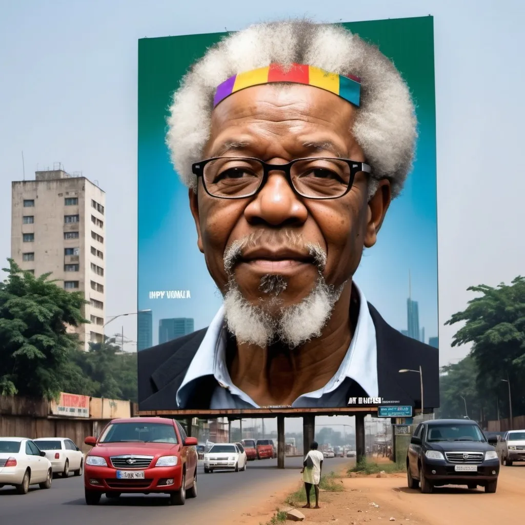 Prompt: Create a hyper-realistic busy urban road in Nigeria. At the side of the road, a giant billboard for advertising features a handsome African American man , written inside the billboard is 'Happy Birthday Prof. Wole Soyinka @90'