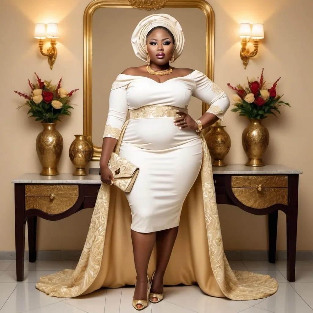 Prompt: A stunning full body length professional photo image, of a confident plus-sized Nigerian woman, adored with gold jewelry, flawless make up, wearing an elegant baba riga , with traditional embroidery. She's wearing stylish cream gold high heel shoes with a golden hand bag The intricate details of the fabric, are highlighted by the camera, creating a visually striking image, against a  Well lit backdrop. sharply focused. High quality UHD