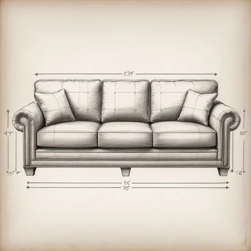 Prompt: pencil sketch of sofa with rolled arms and dimensions