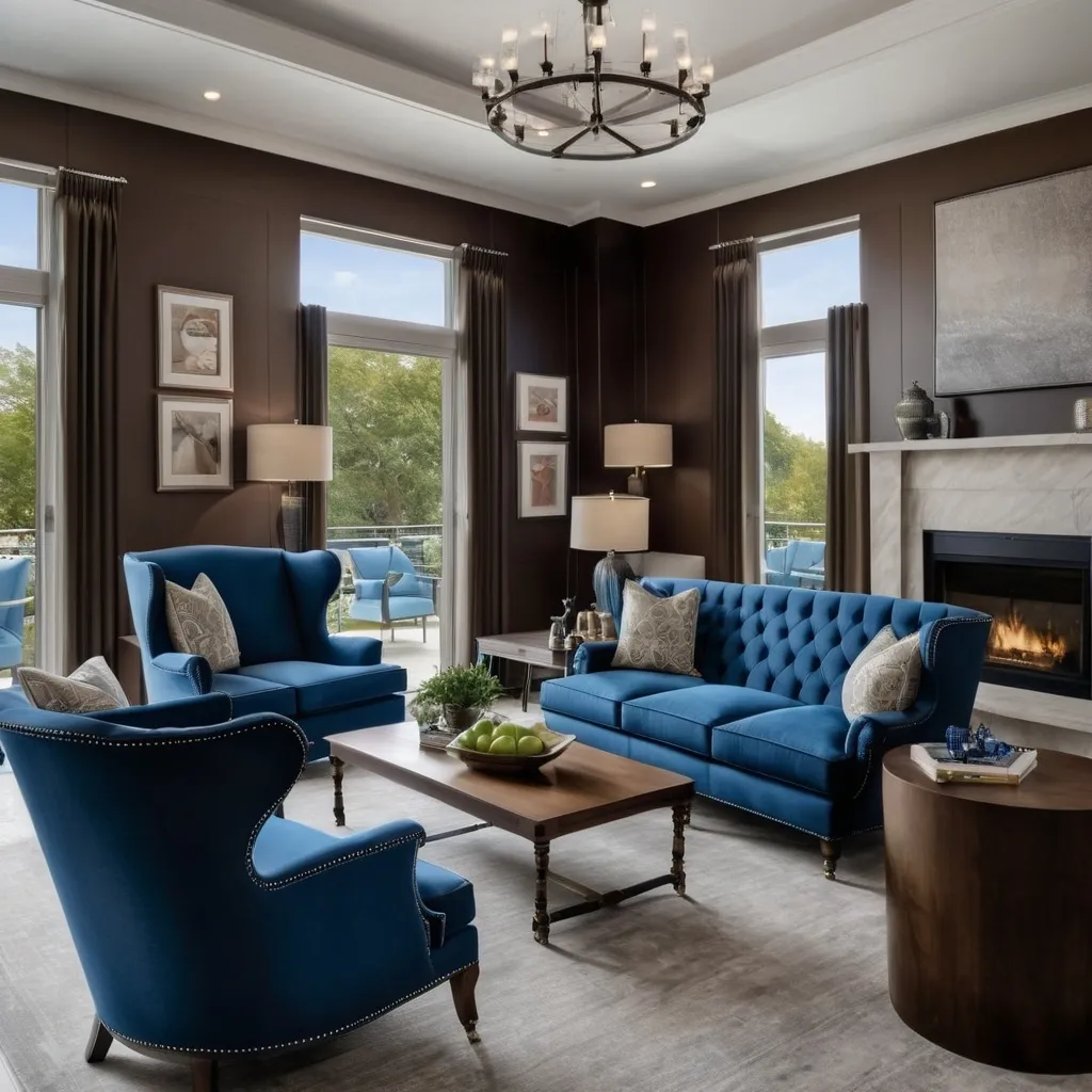 Prompt: Luxury penthouse with 2 brown wingback chairs and 1 blue rolled arm sofa. 