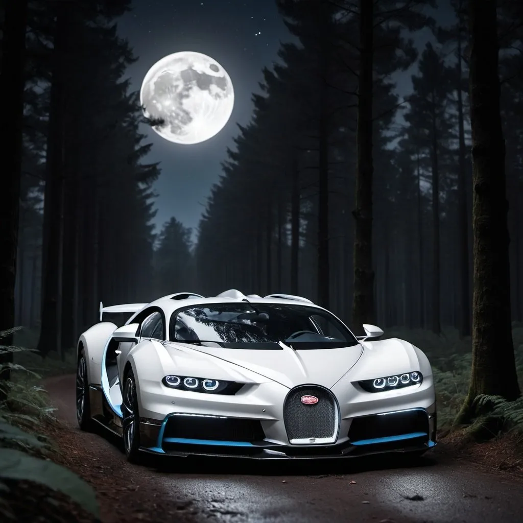 Prompt: A white Bugatti bolide is in a dark forest at midnight at fullmoon
