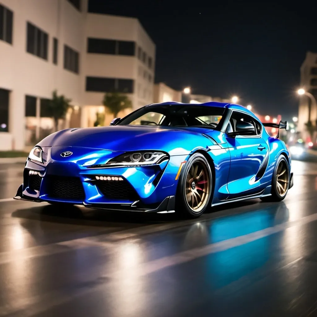 Prompt: A blue toyota supra drifting over a crossing at midnight
