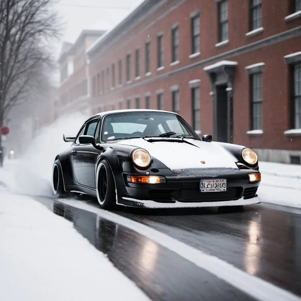 Prompt: Black Porsche 911 drifting on a snowy street

