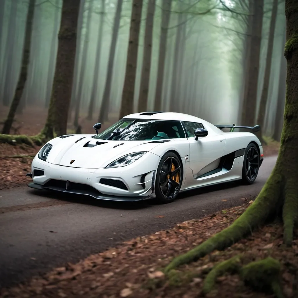 Prompt: White koenigsegg zooming through the forest


