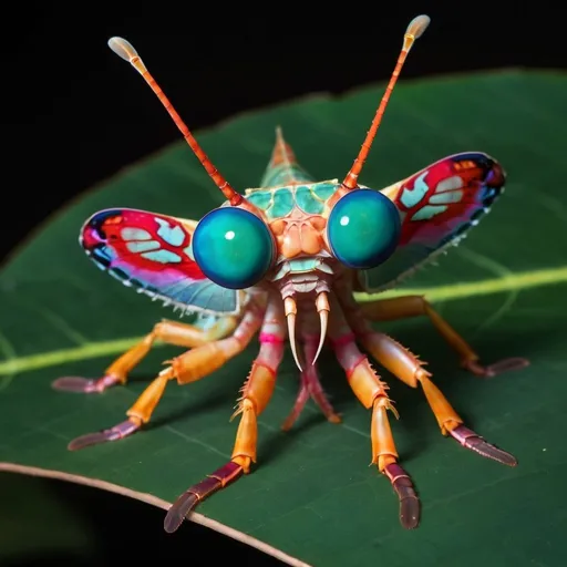 Prompt: An insect with butterfly wings like fake eyes that is colorful in the way that a mantis shrimp would see the world, sitting on a leaf drinking from a cup of tea