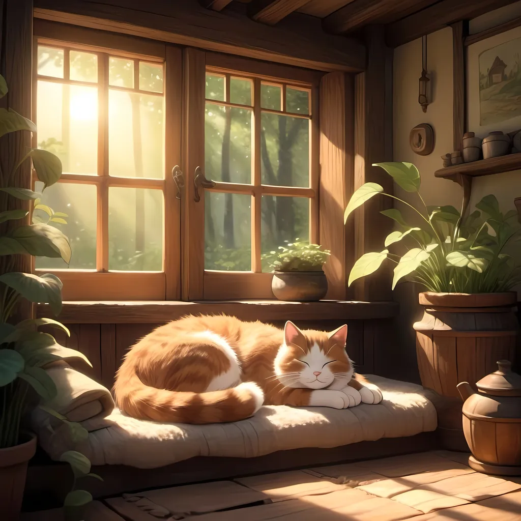 Prompt: Ghibli-style cat sleeping in cozy cottage, traditional hand-drawn animation, warm and inviting atmosphere, detailed fur with soft shading, tranquil forest surroundings, gentle sunlight streaming through windows, high quality, enchanting, hand-drawn, cozy, detailed fur, traditional animation, tranquil, warm lighting, forest setting, adorable, comfortable