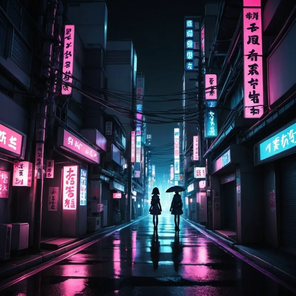 Prompt: Neon-lit Tokyo streets, shadows hinting at otherworldly dangers, in a dark, edgy anime style.