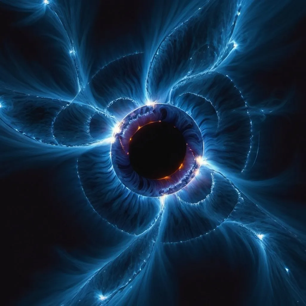 Prompt: Dark blue background with light blue tendrils like solar flares stretching out from the center