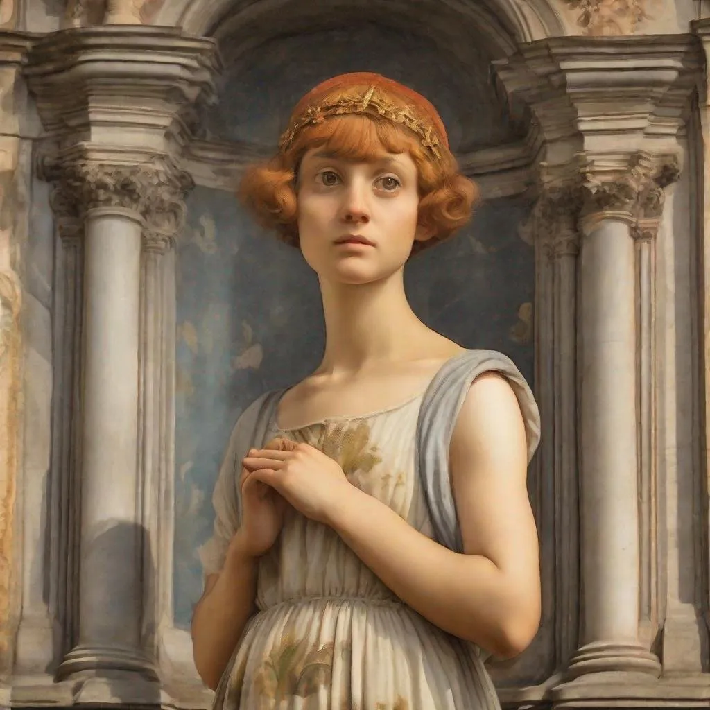 Prompt: female taxi driver, pixie haircut, short sundress, as a saint in front of church in a Fresco by Italian renaissance master.Object located in Firenze.