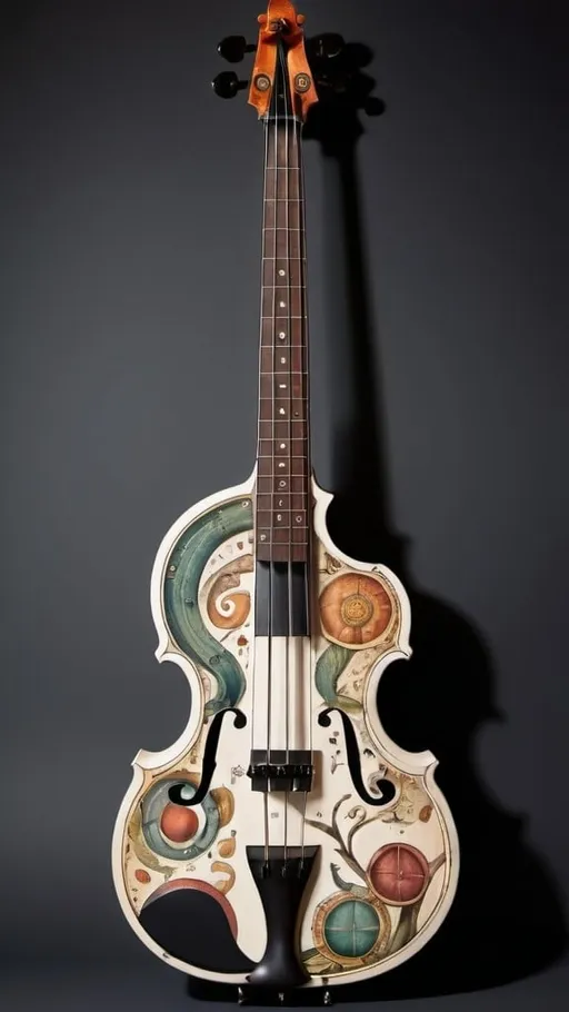 Prompt: A single-cut violin bass guitar that was painted to look like alchemical 
manuscript illustrations