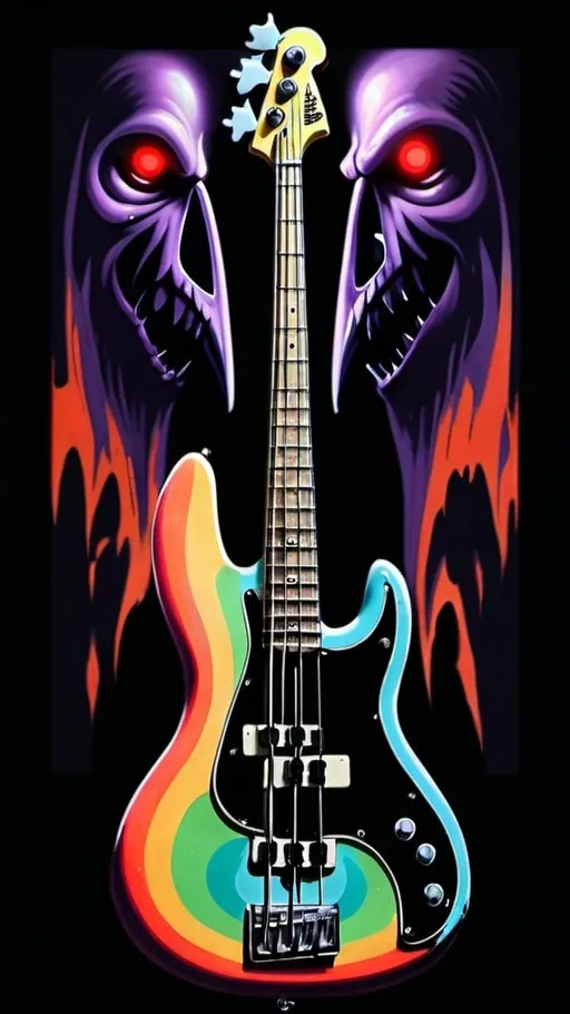 Prompt: A vintage bass guitar that was painted to look sinister and psychedelic, inspired by old occult illustration prints