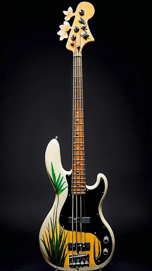 Prompt: A vintage bass guitar that was painted with naturalistic, plant-inspired designs