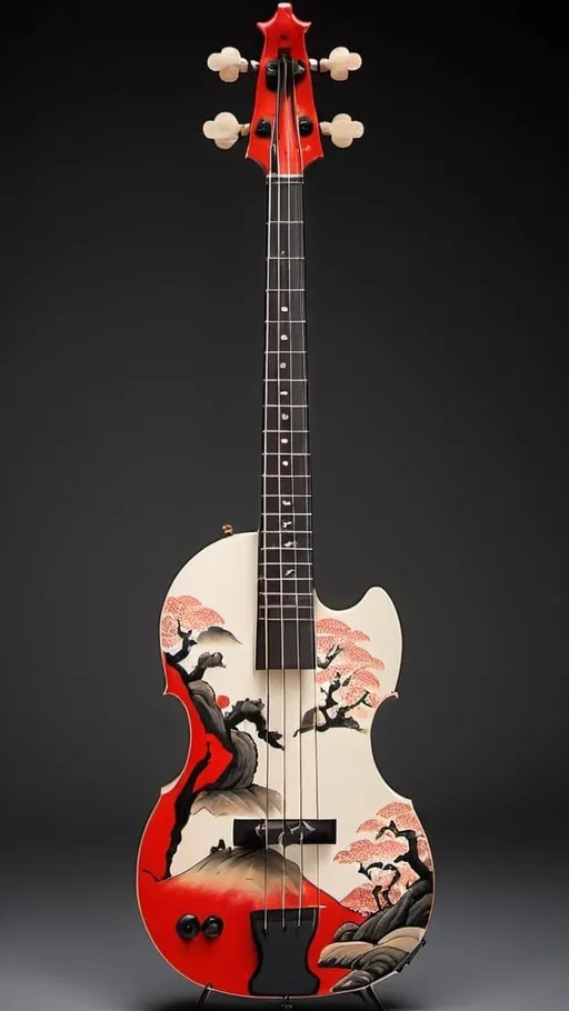 Prompt: A single-cut violin bass guitar that was painted to look like Edo-period Japanese paintings