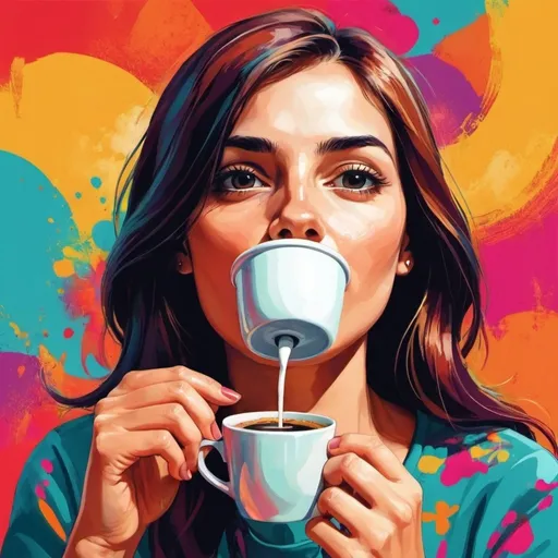 Prompt: a women illustration who is drinking a cup of coffe in front of colorfull bacground.
