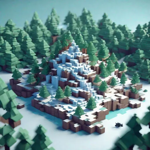 Prompt: voxel 3d render, blocks, island with mountain with snow ant trees. there are dragons to see, also in 3D and Blocks