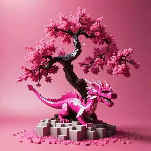 Prompt: voxel 3d render, blocks, sakura tree with falling leaves. a cute fushia pink dragon sits on one of the branches