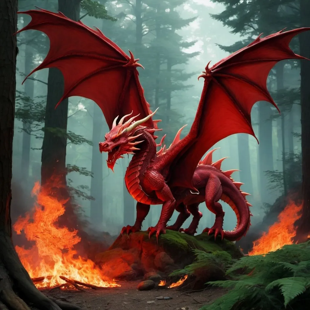 Prompt: a red dragon burning in a forest