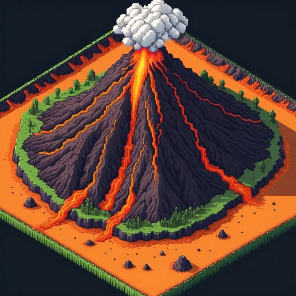 Prompt: volcano ground seen from the sky in pixelart
