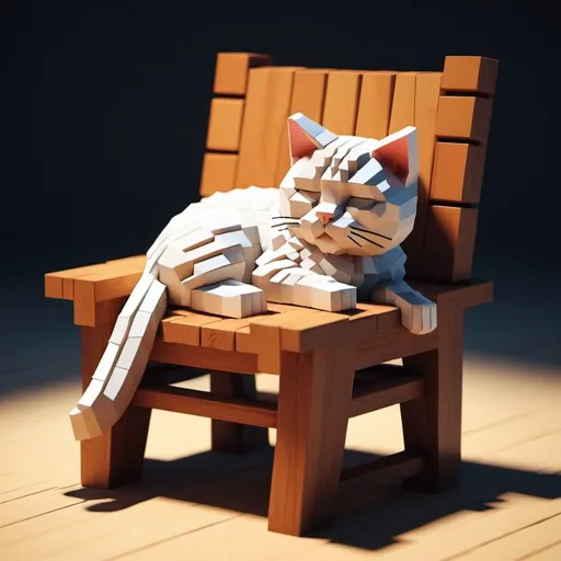 Prompt: voxel 3d render, blocks, a cat sleeping on a wooden chair
