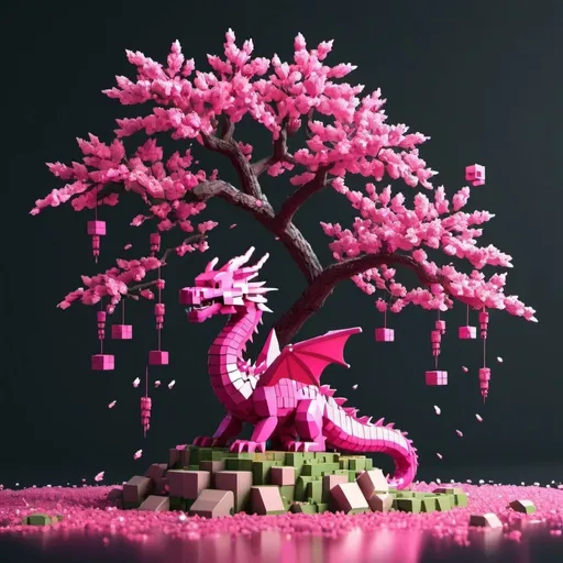 Prompt: voxel 3d render, blocks, sakura tree with falling leaves. a cute fushia pink dragon sits on one of the branches