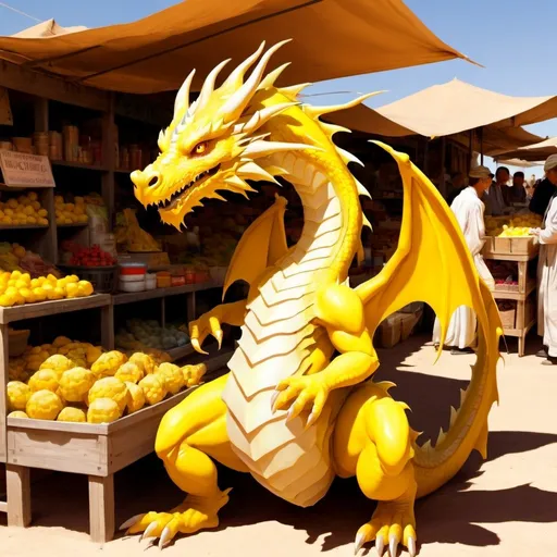 Prompt: a yellow dragon at a market runned by other dragons in the desert