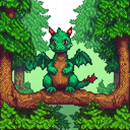 Prompt: a little dragon sits on a branch in a forest, minimalist