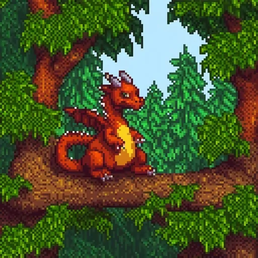 Prompt: a little dragon sits on a branch in a forest, pixel art