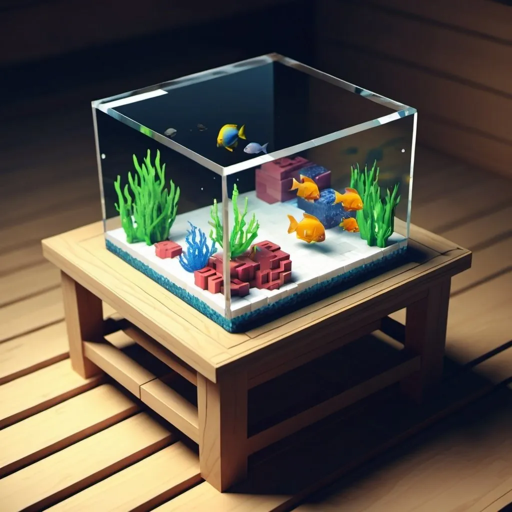 Prompt: voxel 3d render, blocks, a little aquarium on a wooden table