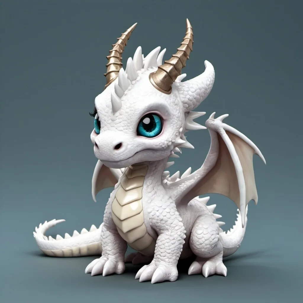 Prompt: a cute little white dragon with cistal horns
 and spikes