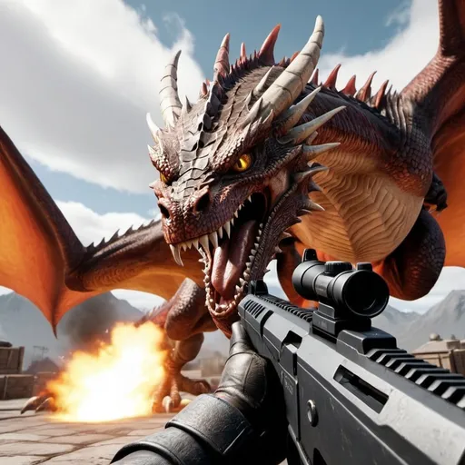 Prompt: fps game with a dragon yelling at the player