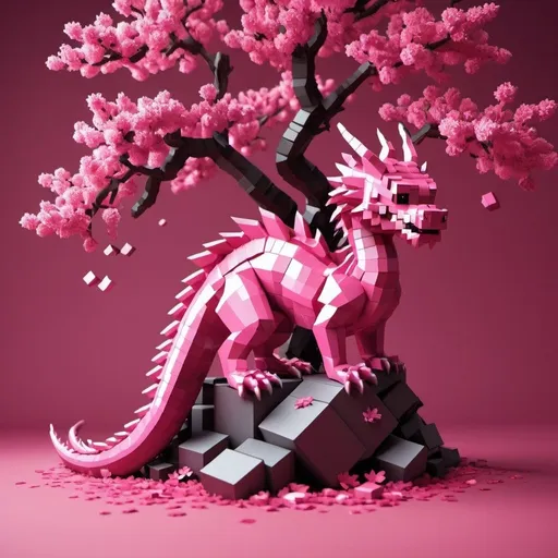 Prompt: voxel 3d render, blocks, sakura tree with falling leaves. a cute fushia pink dragon sits on one of the branches