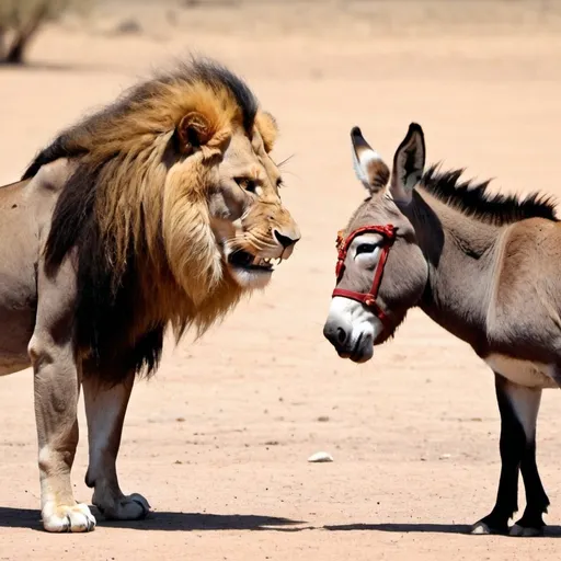 Prompt: Lion and scared donkey seeming like they are having a conversation in a very intimidating mood