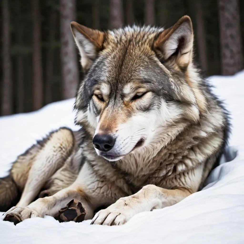 Prompt: Real Wolf sleeping in snow