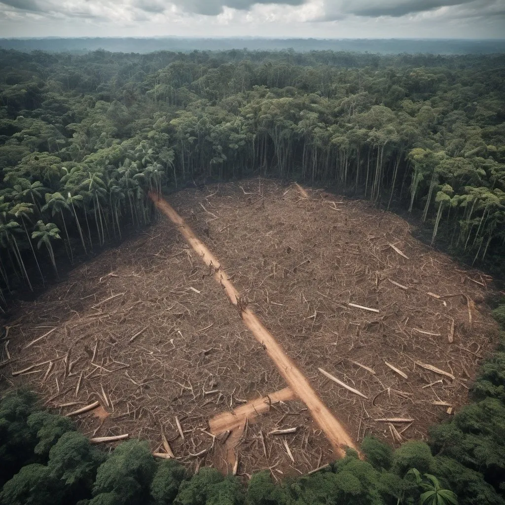 Prompt: Create a picture from Humans are destroying the rainforest with chainsaws and animals are losing their habitat. A large area





