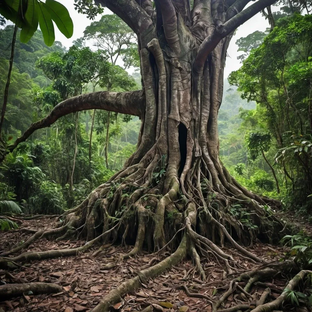 Prompt: an old tree in the jungle ist trying to survive the tree shows resistens

