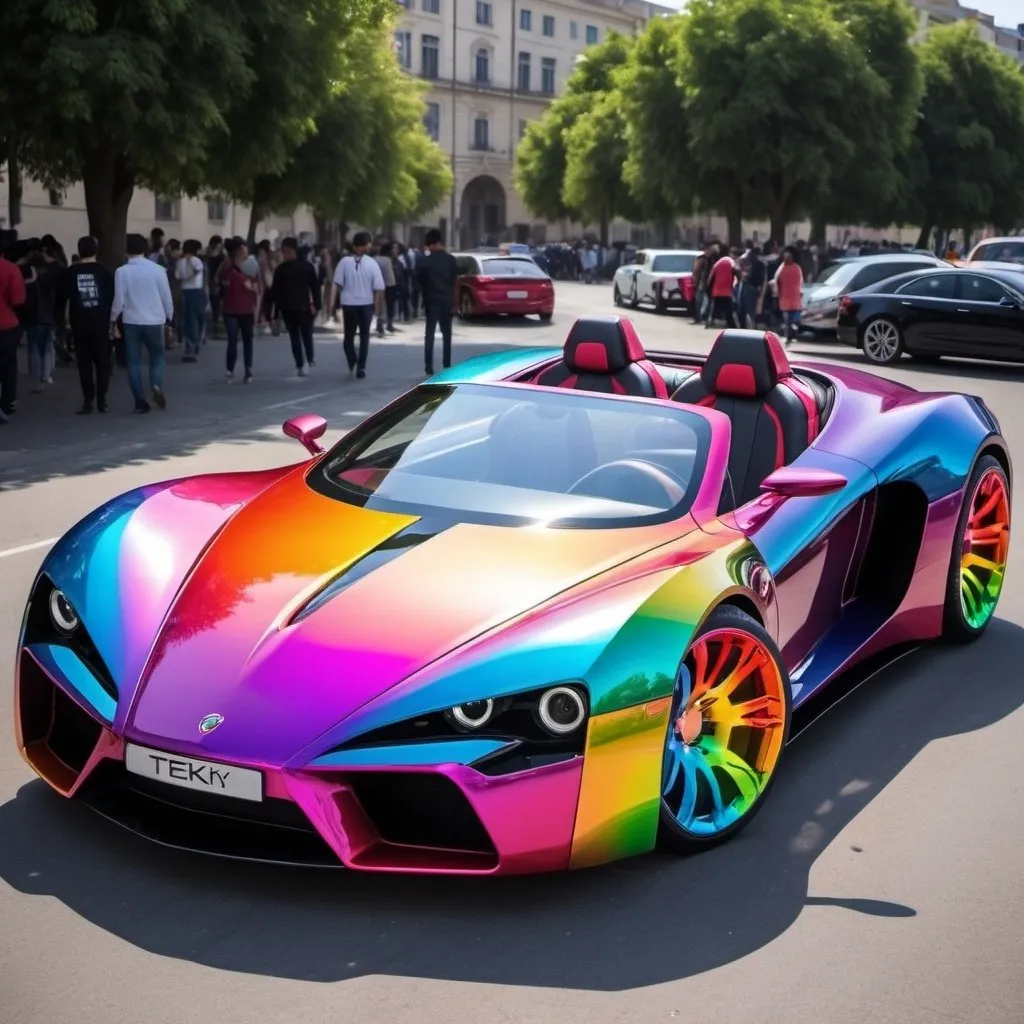 Prompt: a tekky car with a whole TV and has bullet proof windows also has rainbow wheels and a rainbow open roof, it is electric and is very big and is a very beautiful sports car, it can fit 5 people
