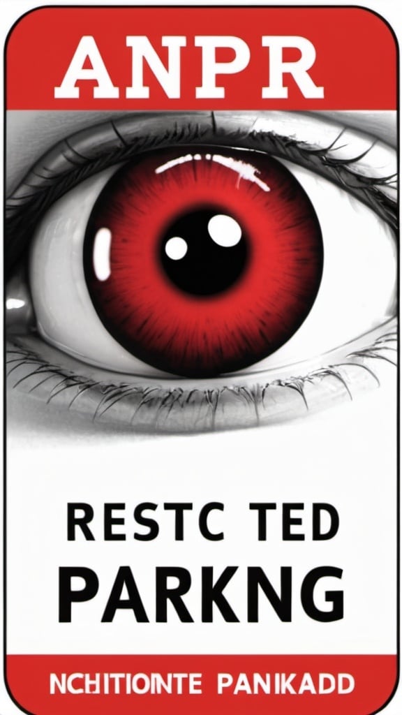 Prompt: Top third of image "ANPR" in text, below that for the second third of image a big brother style eyeball, then below that "Restricted Parking" written below in the last third of image. Style graphic red and black