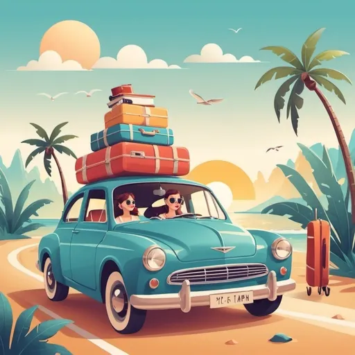 Prompt: going to vacation with car illustration

