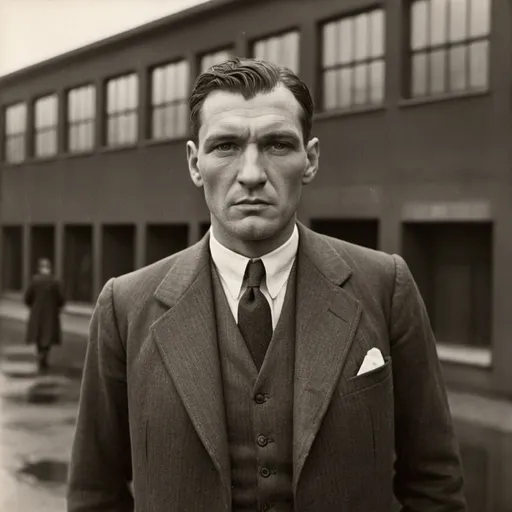 Prompt: Un gros homme en costume hugo boss,forward old factory,  overcast day, methodology august sander 1933 Germany 