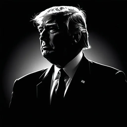 Prompt: Donald Trump as a cartoon outlines only silhouette like alfred hitchcock style