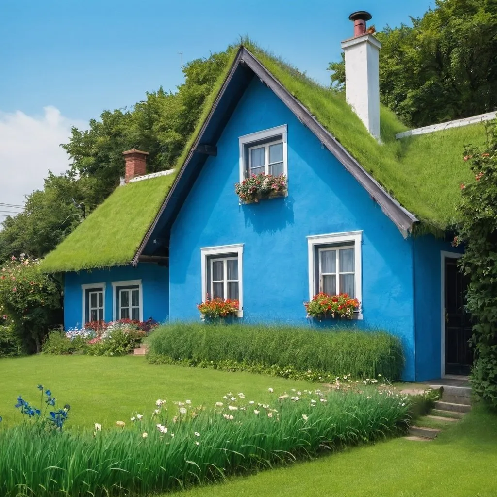 Prompt: a blue house with gras and flowers
