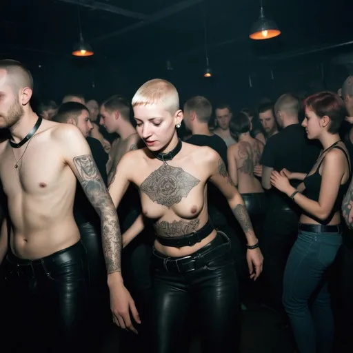 Prompt: Lots of people dancing in a berlin techno club  dark roomes sm leather belts with a tattoo of tiefton.group on the body