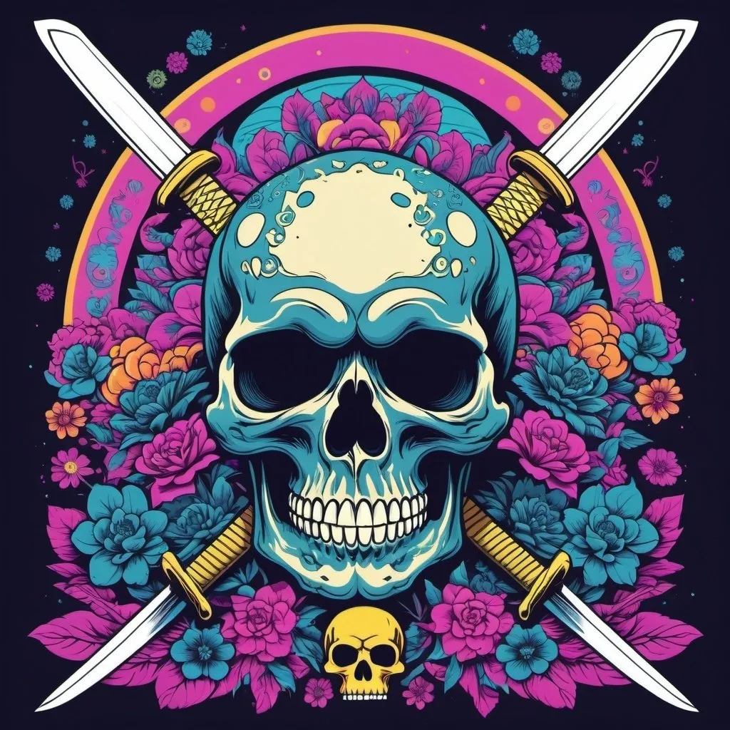 Prompt: Psychedelic Skull stabbed horizontally by a katana