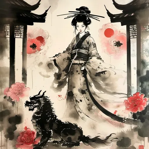 Prompt: Dystopian Tall Geisha with foo dogs on either side of her .  They are her companions and protectors . background is dark, classical Asian architecture … 