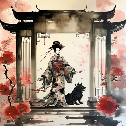 Prompt: Dystopian Tall Geisha with foo dogs on either side of her .  They are her companions and protectors . Background is classical Asian architecture …except dark wet and futuristic .  