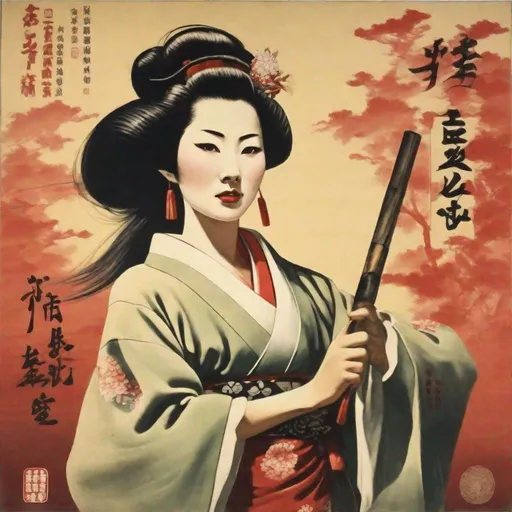 Prompt: Chinese propaganda poster from the cultural revolution, portrait of a badass geisha, full body