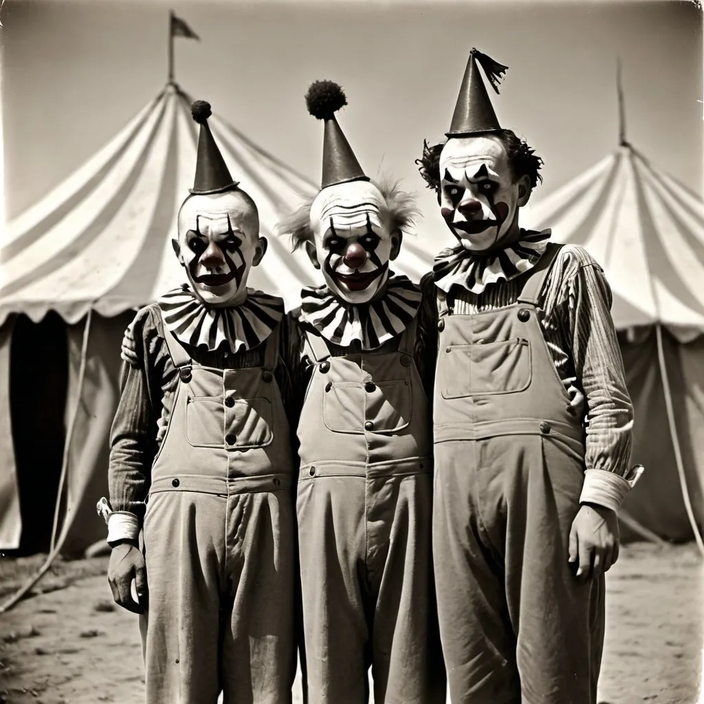 Prompt: Dark creepy circus freaks from the 1930s era dust bowl images .. creepy clowns, creepy circus performers . Dirty circus tent ..scary