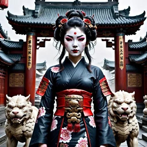 Prompt: Dystopian Tall Geisha with foo dogs on either side of her .  They are her companions and protectors . Background is classical Asian architecture …except dark wet and futuristic .  